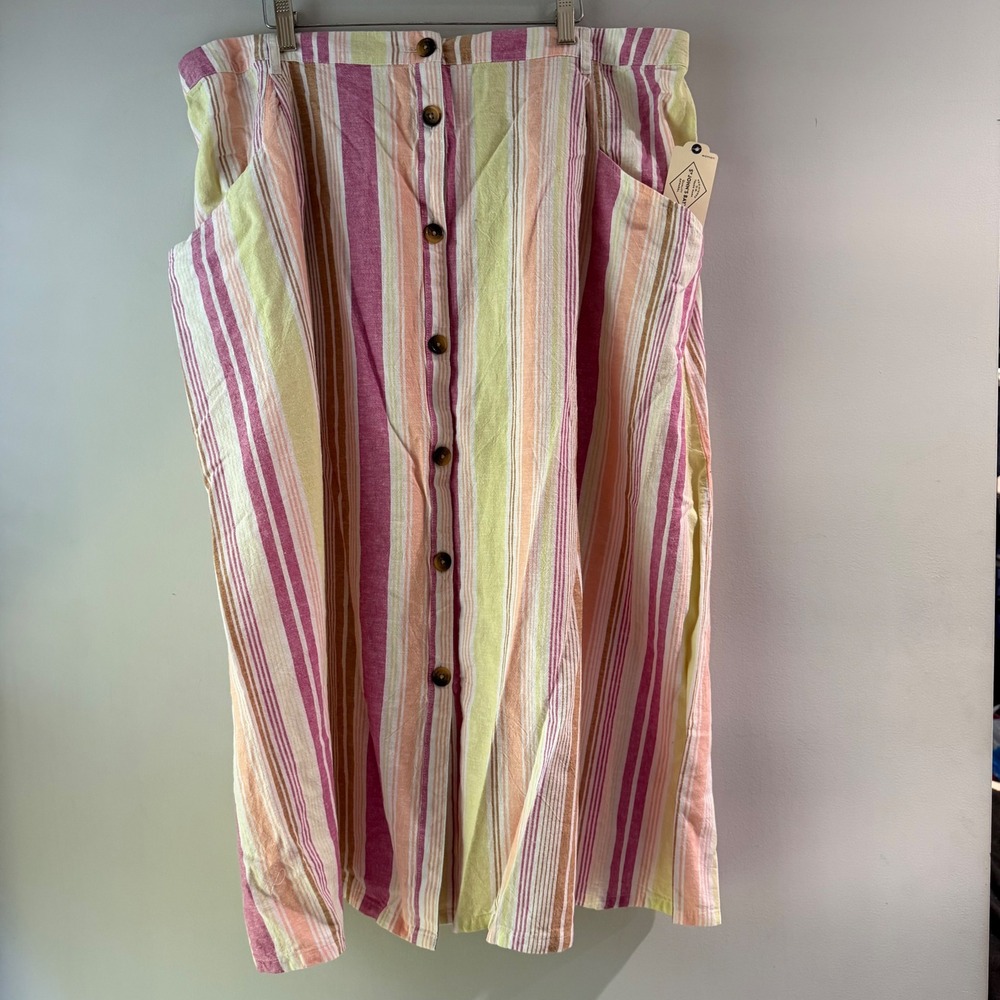 St Johns Bay Midi Skirt Womens 2X Pink Stripe NWT Cotton Linen Button Front